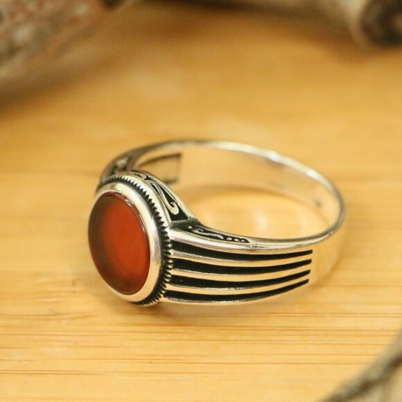 925 Sterling Silver Men's Rings Red Agate - Picture 2 of 6